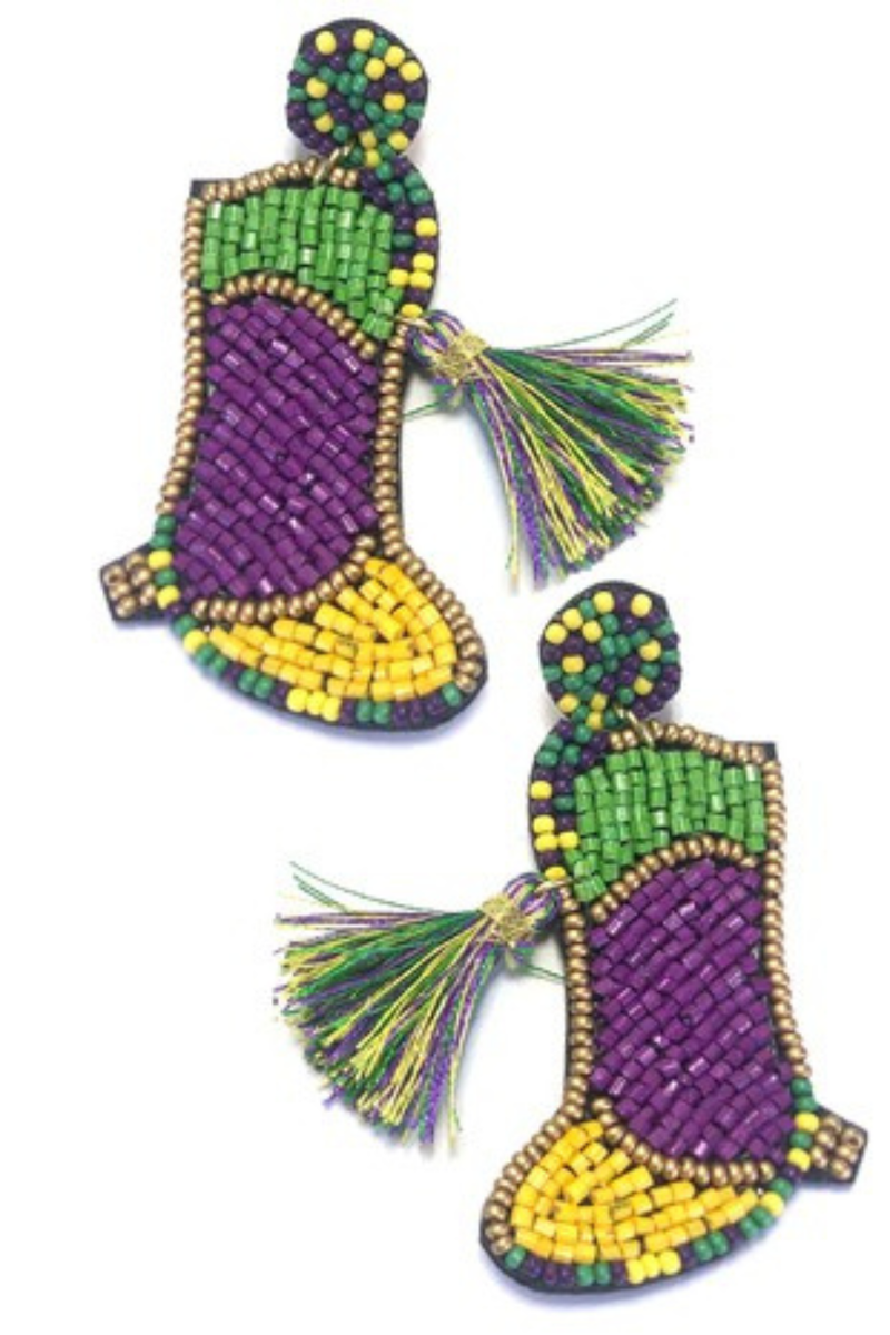 Mardi Gras Marching Boots Seed Bead Earrings | Bella Lucca Boutique
