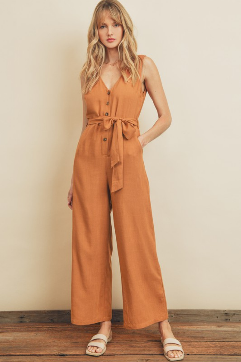 Sleeveless V-Neck Camel Jumpsuit | Bella Lucca Boutique