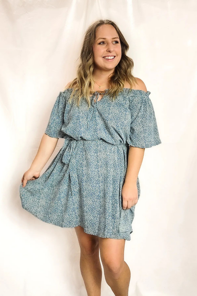 Blue Multi Print Off the Shoulder Dress | Bella Lucca Boutique