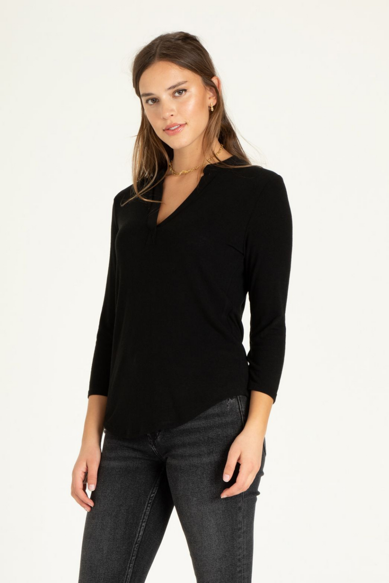 Black 3/4 Sleeve V-Neck Top | Bella Lucca Boutique