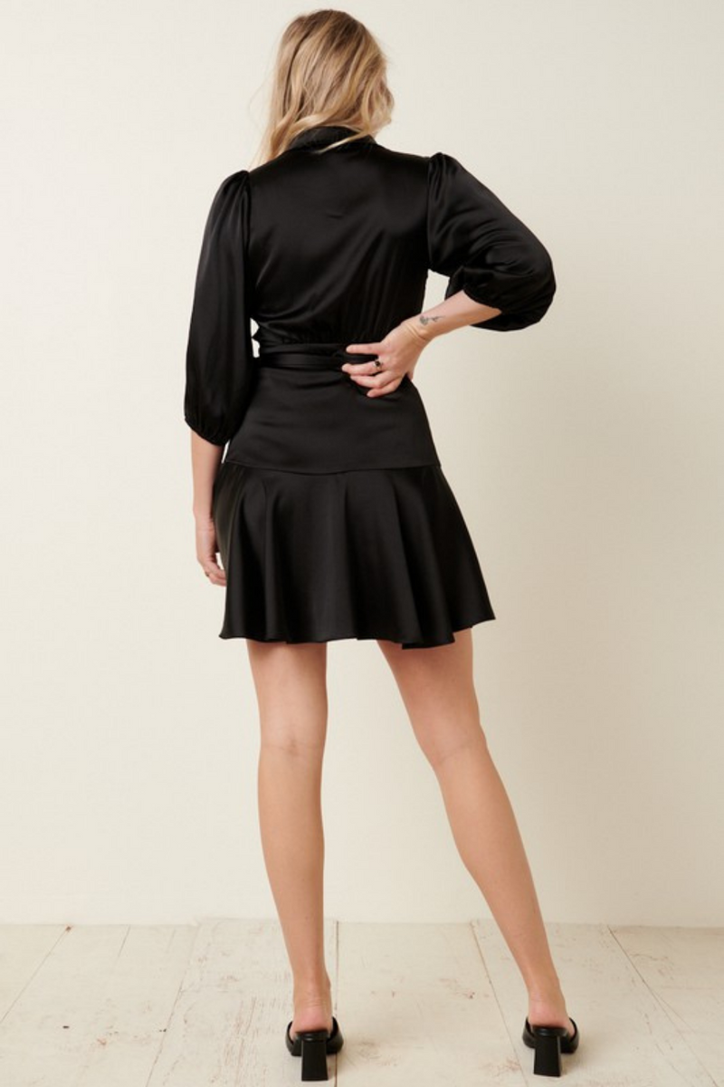 Deep V Satin Wrap Little Black Mini Dress | Bella Lucca Boutique