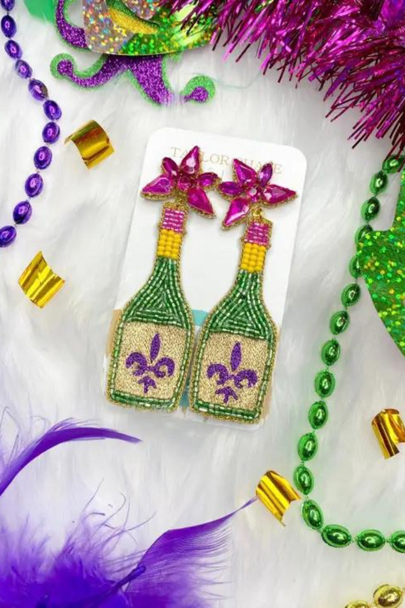 Taylor Shaye Earrings Mardi Gras Beaded Fleur-De-Lis Bottles | Bella Lucca Boutique