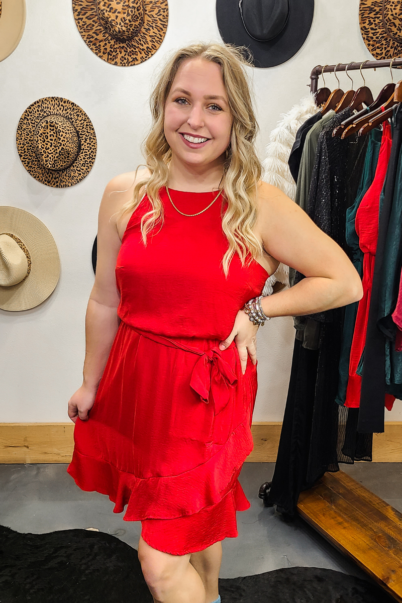 Red Satin Ruffle Mini Dress | Bella Lucca Boutique