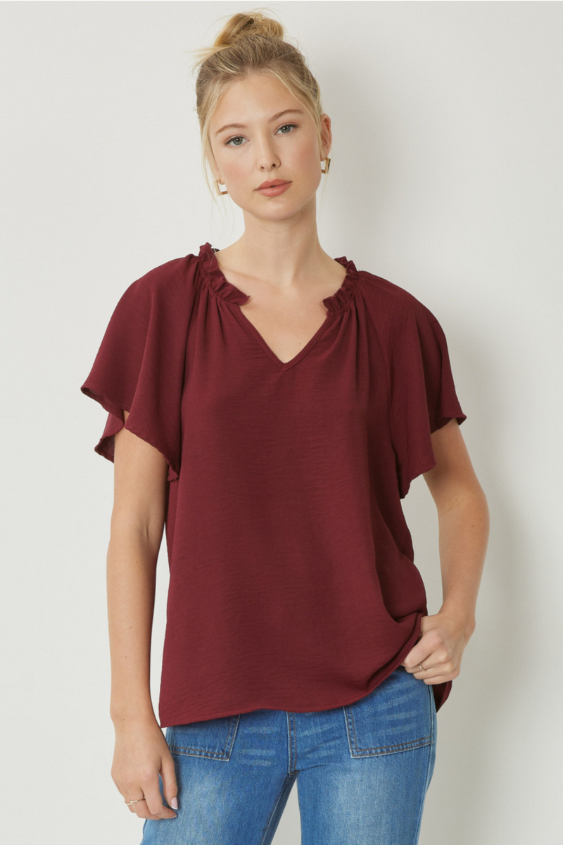 Burgundy V-Neck Flutter Sleeve Blouse | Bella Lucca Boutique