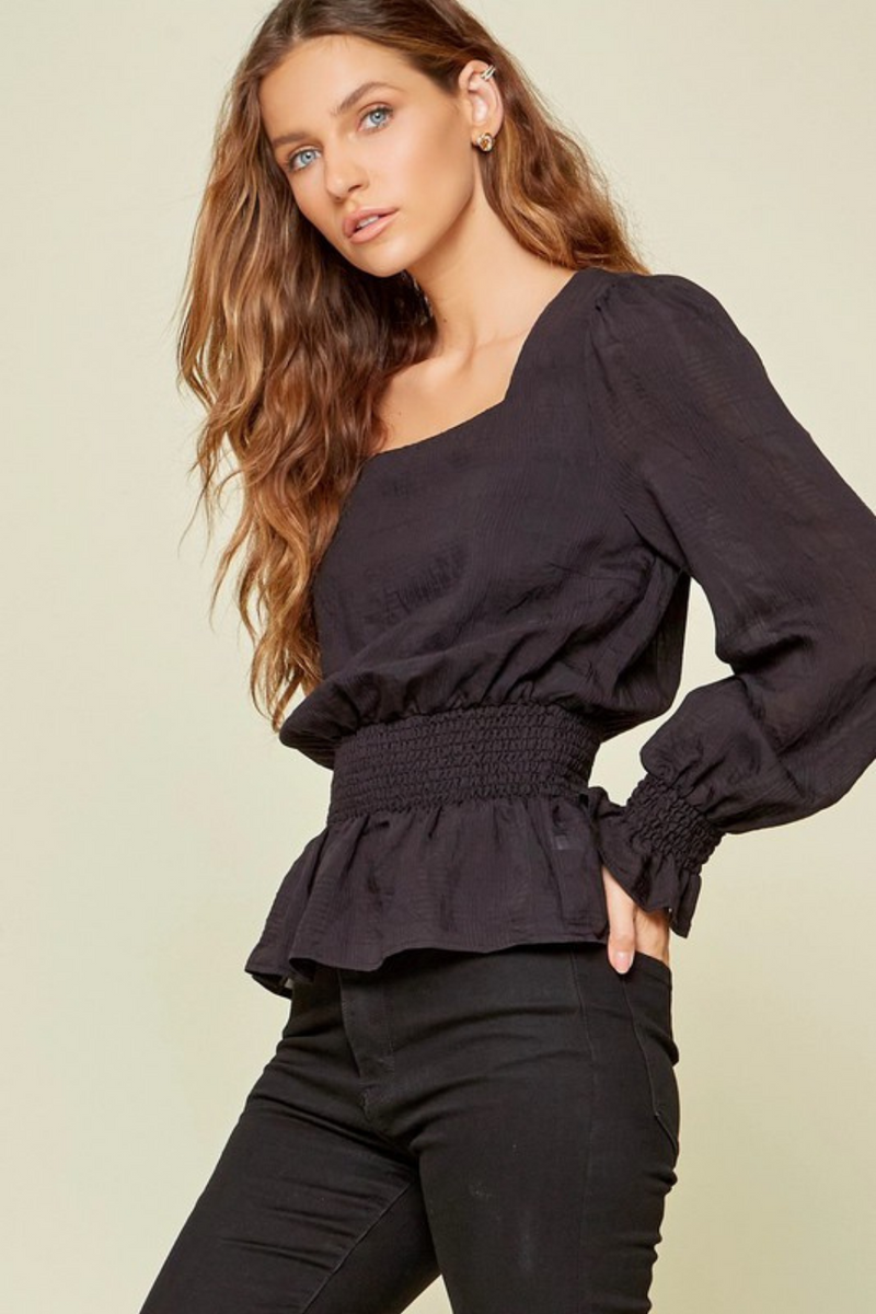 Black Smocked Waist Blouse | Bella Lucca Boutique