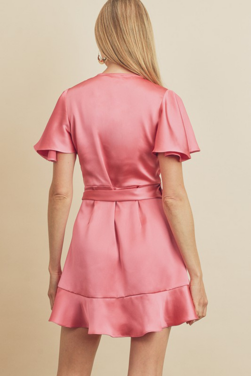 Satin Wrap Mini Dress Pink Flutter Sleeve | Bella Lucca Boutique