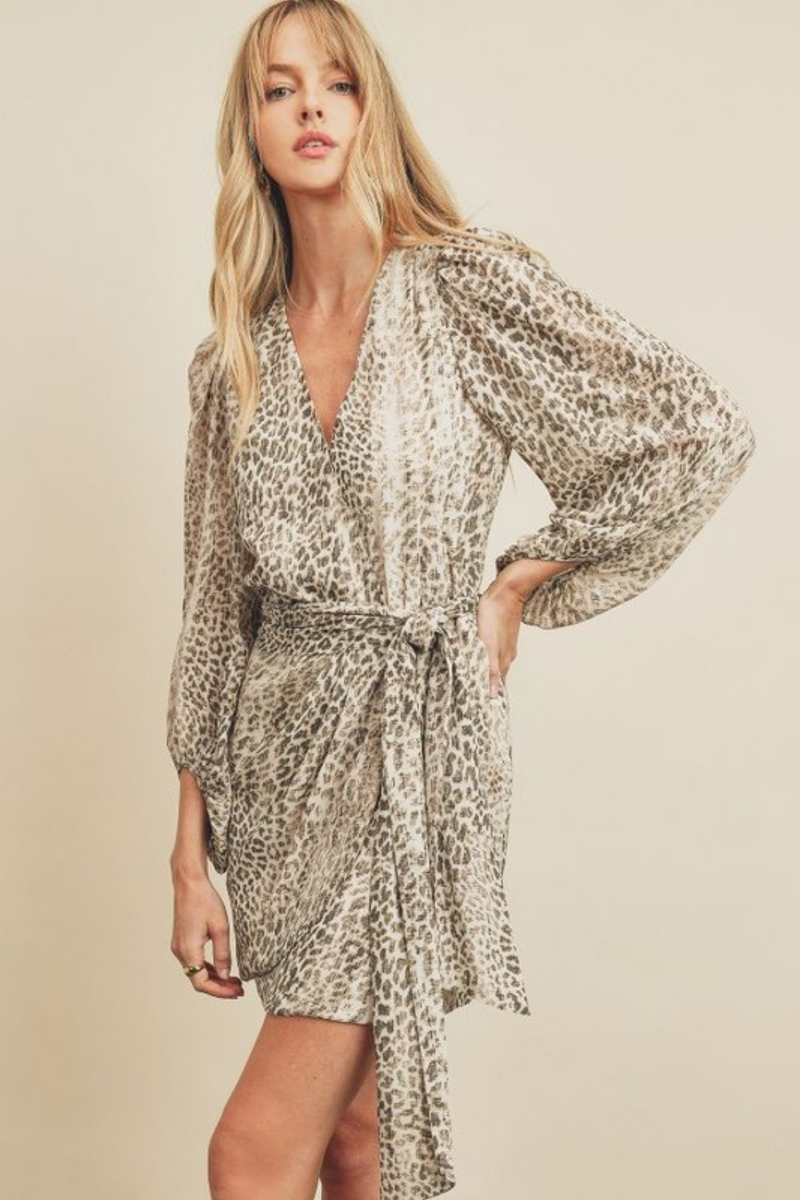 Leopard print satin long sleeve wrap dress clearance