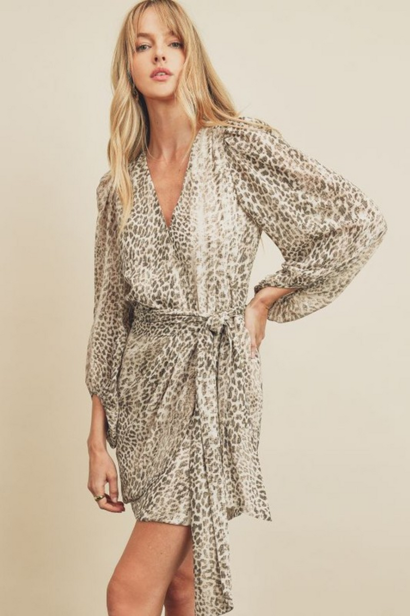 Leopard Print Satin Wrap Dress | Bella Lucca Boutique