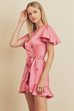 Satin Wrap Mini Dress Pink Flutter Sleeve | Bella Lucca Boutique