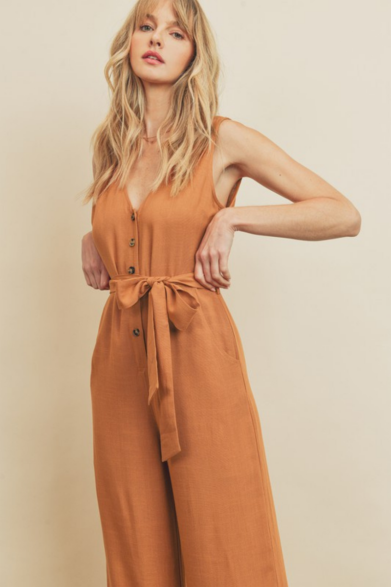 Sleeveless V-Neck Camel Jumpsuit | Bella Lucca Boutique