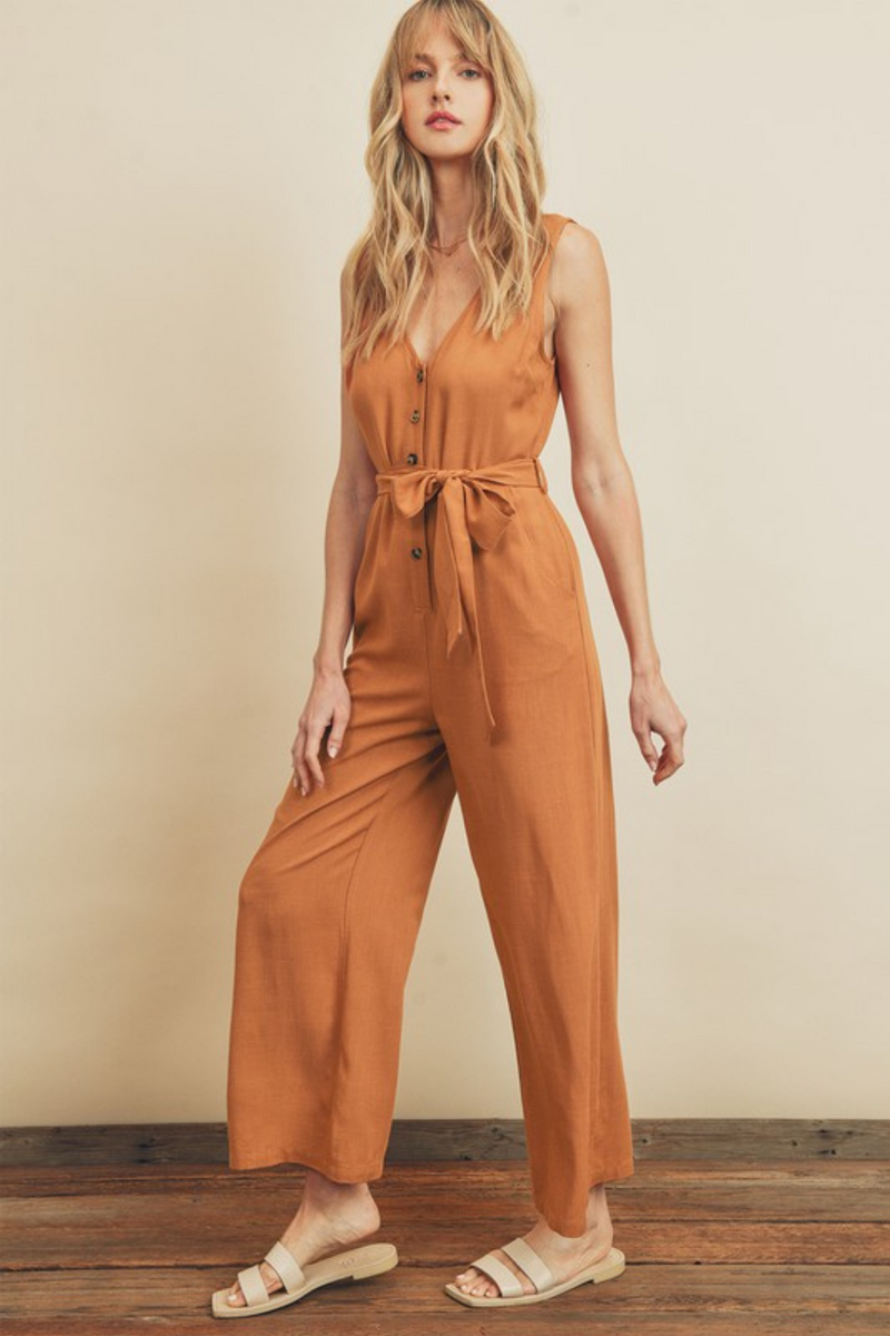 Sleeveless V-Neck Camel Jumpsuit | Bella Lucca Boutique