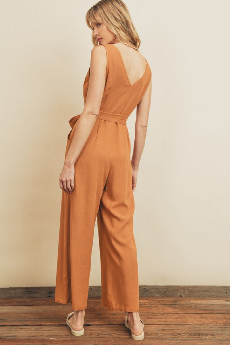 Sleeveless V-Neck Camel Jumpsuit | Bella Lucca Boutique