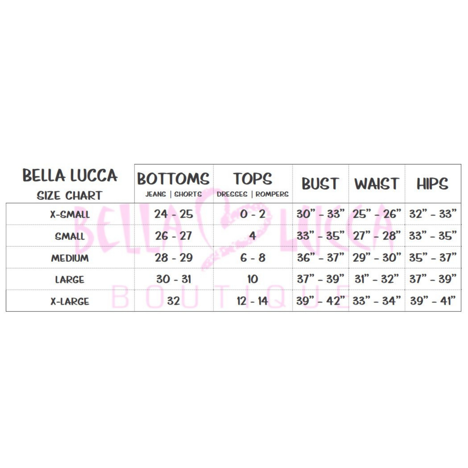 Bella Lucca Boutique Size Guide
