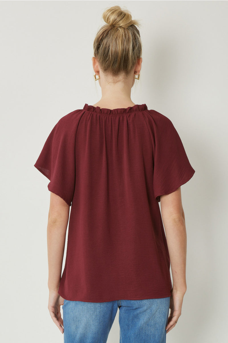 Burgundy V-Neck Flutter Sleeve Blouse | Bella Lucca Boutique