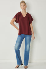 Burgundy V-Neck Flutter Sleeve Blouse | Bella Lucca Boutique