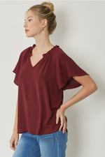 Burgundy V-Neck Flutter Sleeve Blouse | Bella Lucca Boutique
