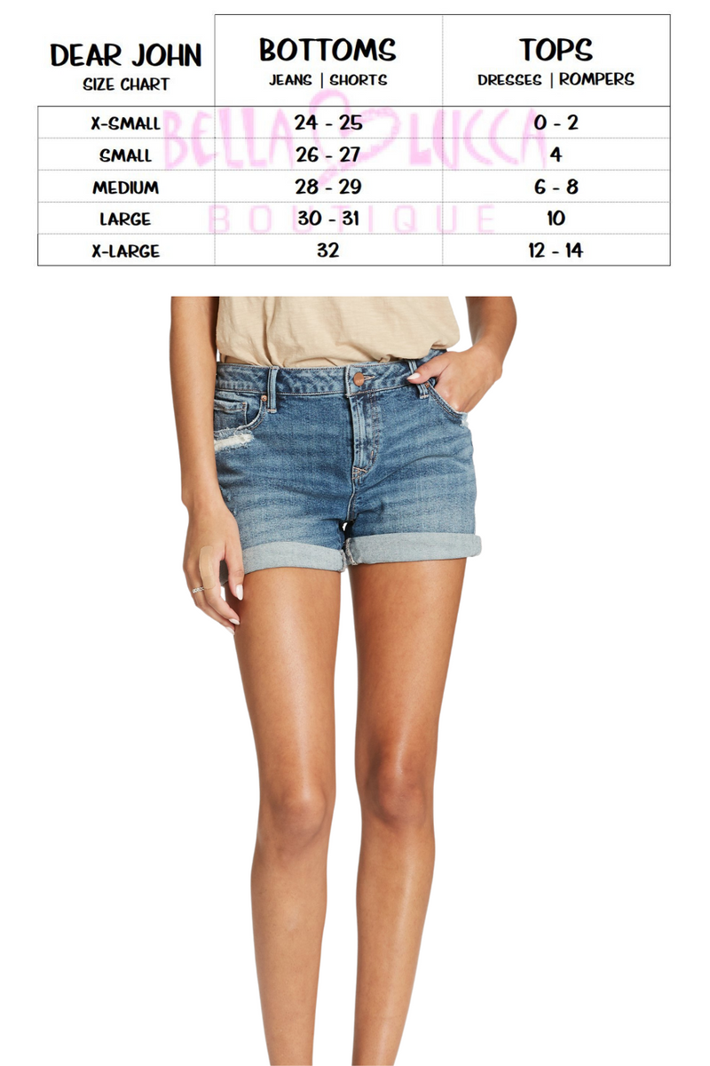 Ava High Rise Denim Shorts | Size Guide | Bella Lucca Boutique