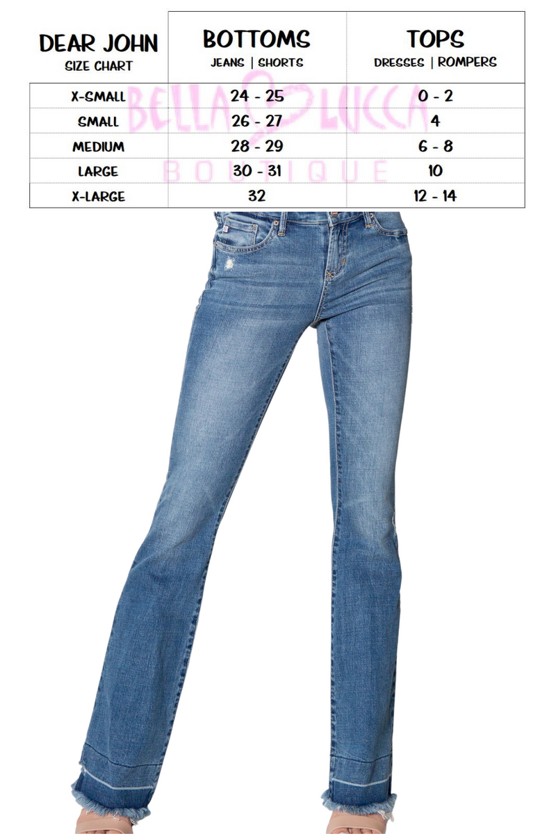 Bootcut Mid-Rise Raw Hem  Medium Wash Size Guide | Bella Lucca Boutique