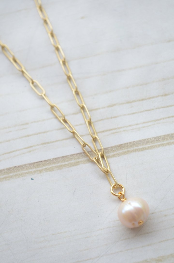 Paperclip Necklace With Mini Pearl Charm-Bella Lucca Boutique