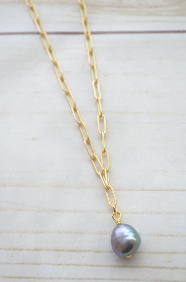 Paperclip Necklace With Mini Pearl Charm-Bella Lucca Boutique