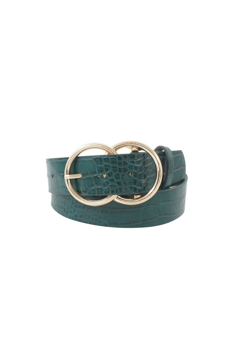 Emerald Green Gold Double Ring Buckle Faux Croc Belt | Bella Lucca Boutique