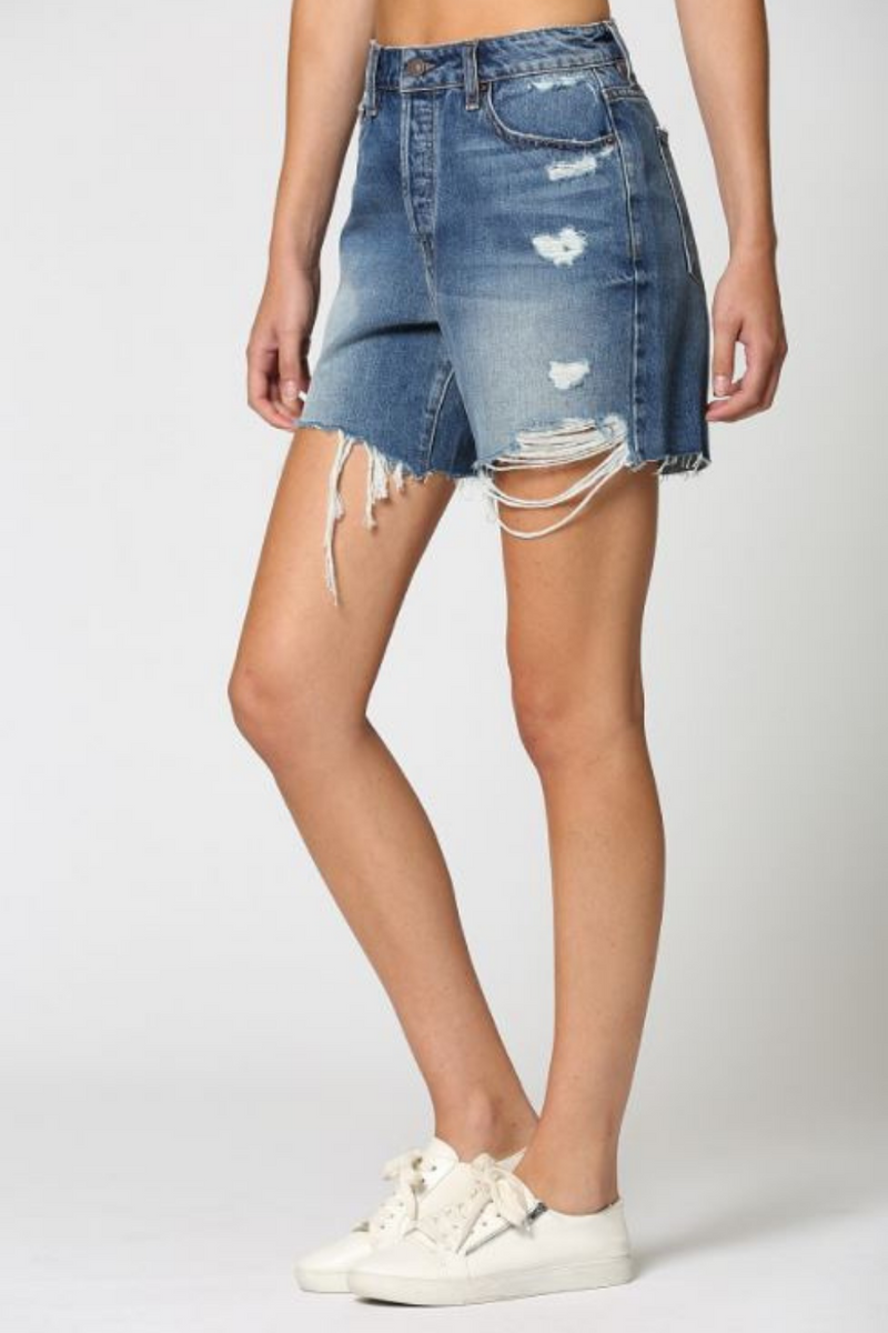 High Rise Frayed Denim Jean Shorts | Bella Lucca Boutique