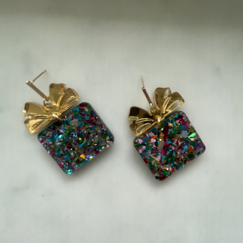 Blue Acrylic Confetti Gift Box Present Earrings | Bella Lucca Boutique