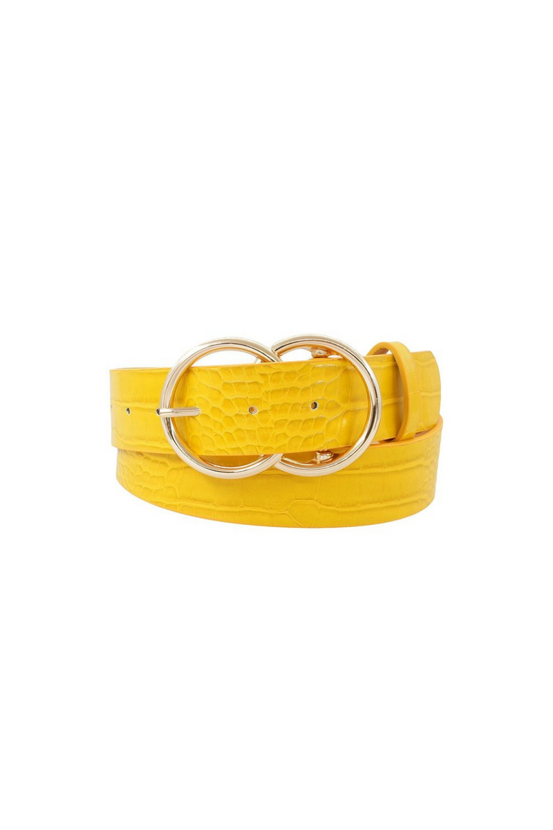 Mustard Yellow Gold Double Ring Buckle Faux Croc Belt | Bella Lucca Boutique