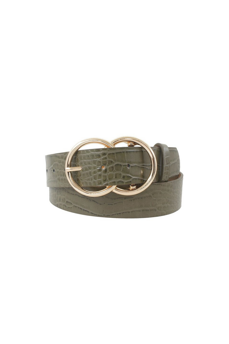 Olive Green Gold Double Ring Buckle Faux Croc Belt | Bella Lucca Boutique