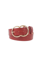 Burgundy Red Gold Double Ring Buckle Faux Croc Belt | Bella Lucca Boutique