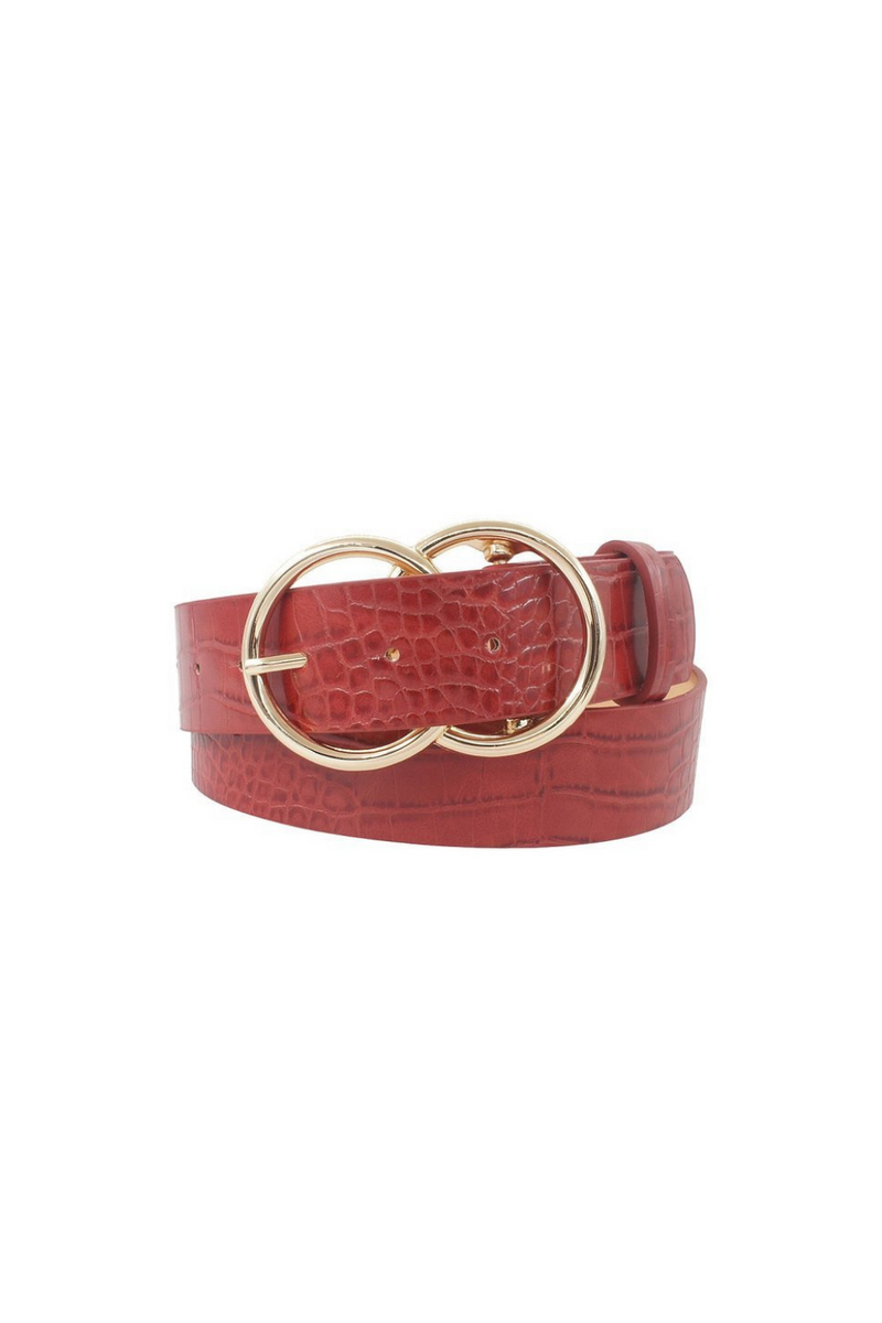 Burgundy Red Gold Double Ring Buckle Faux Croc Belt | Bella Lucca Boutique