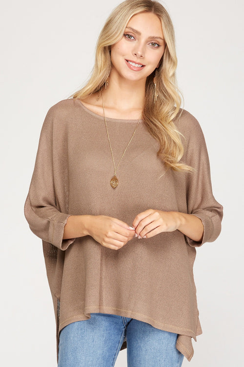 Mocha 3/4 Sleeve Batwing Knit Semi-Sheer Top | Bella Lucca Boutique
