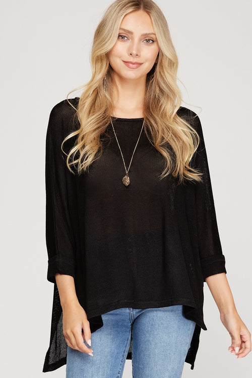 Black 3/4 Sleeve Batwing Knit Semi-Sheer Top | Bella Lucca Boutique