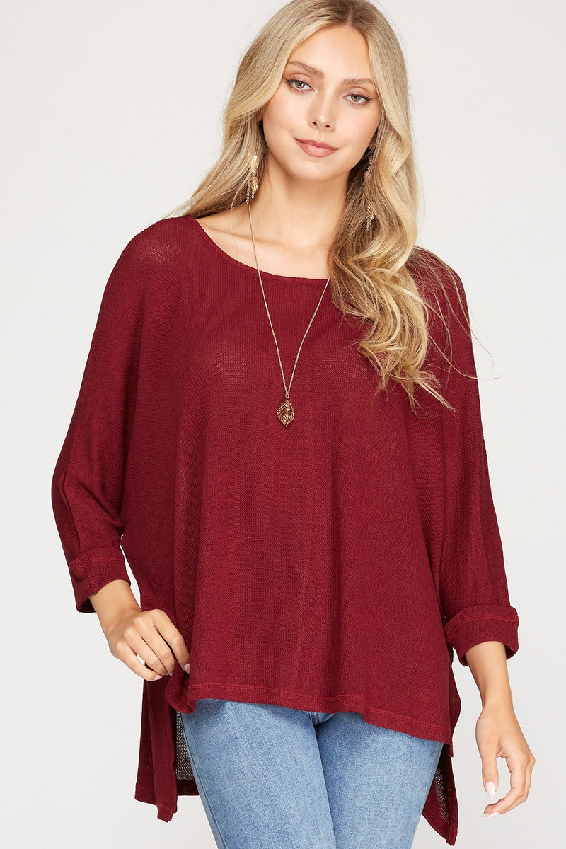Burgundy 3/4 Sleeve Batwing Knit Semi-Sheer Top | Bella Lucca Boutique