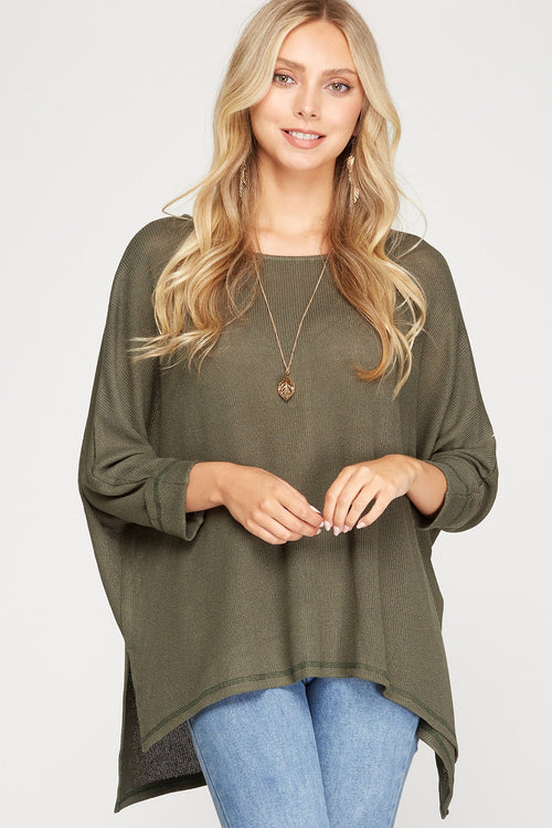 Olive Green 3/4 Sleeve Batwing Knit Semi-Sheer Top | Bella Lucca Boutique