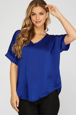 Royal Blue Drop Shoulder Satin Blouse | Bella Lucca Boutique