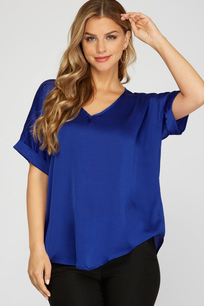 Royal Blue Drop Shoulder Satin Blouse | Bella Lucca Boutique