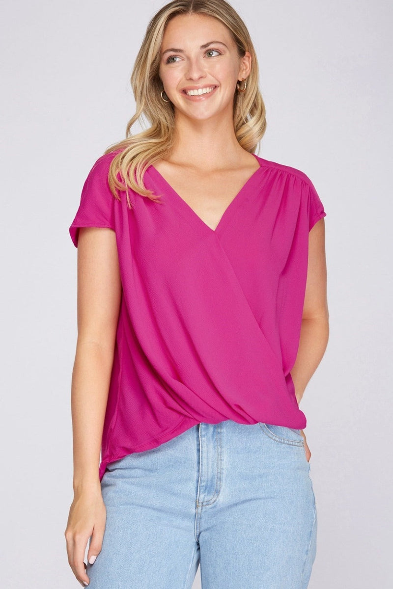 Magenta Pink Satin V-Neck Blouse | Bella Lucca Boutique
