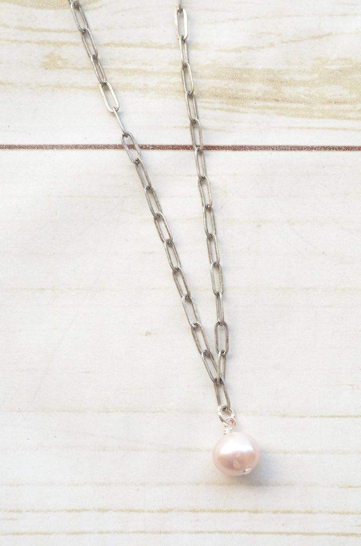 Paperclip Necklace With Mini Pearl Charm-Bella Lucca Boutique