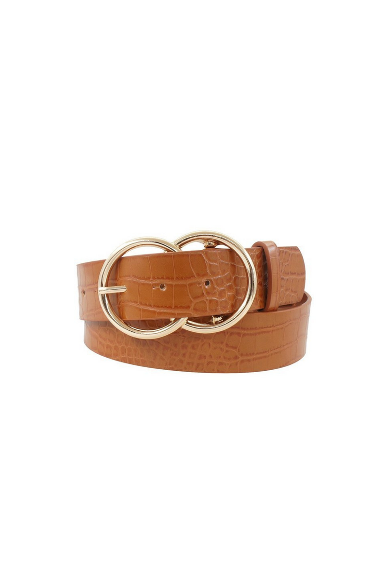 Tan Gold Double Ring Buckle Faux Croc Belt | Bella Lucca Boutique