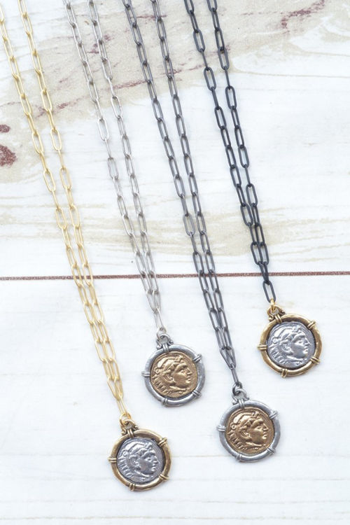 Paperclip Necklace with 2-Tone Coin Charm | Bella Lucca Boutique