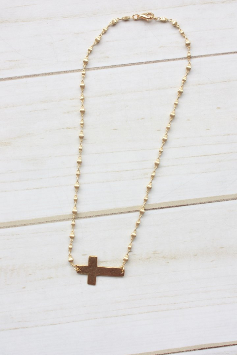 SIDEWAYS GOLD CROSS | BEADED NECKLACE