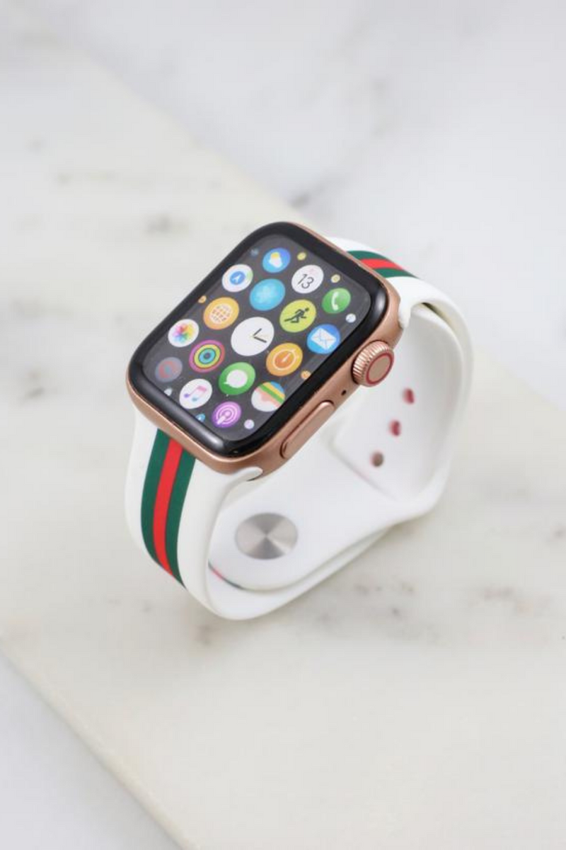 White Silicone Green and Red Striped Apple Watch Band | Bella Lucca Boutique