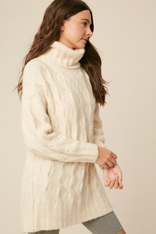 CABLE KNIT TUNIC SWEATER DRESS | OFF WHITE