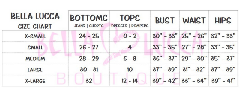 Bella Lucca Boutique Size Guide