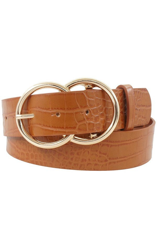 Cognac Tan Gold Double Ring Buckle Faux Croc Belt | Bella Lucca Boutique