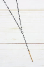 Virtue Jewelry Black Paperclip Y-Drop Necklace with Gold Hammered Tube | Bella Lucca Boutique