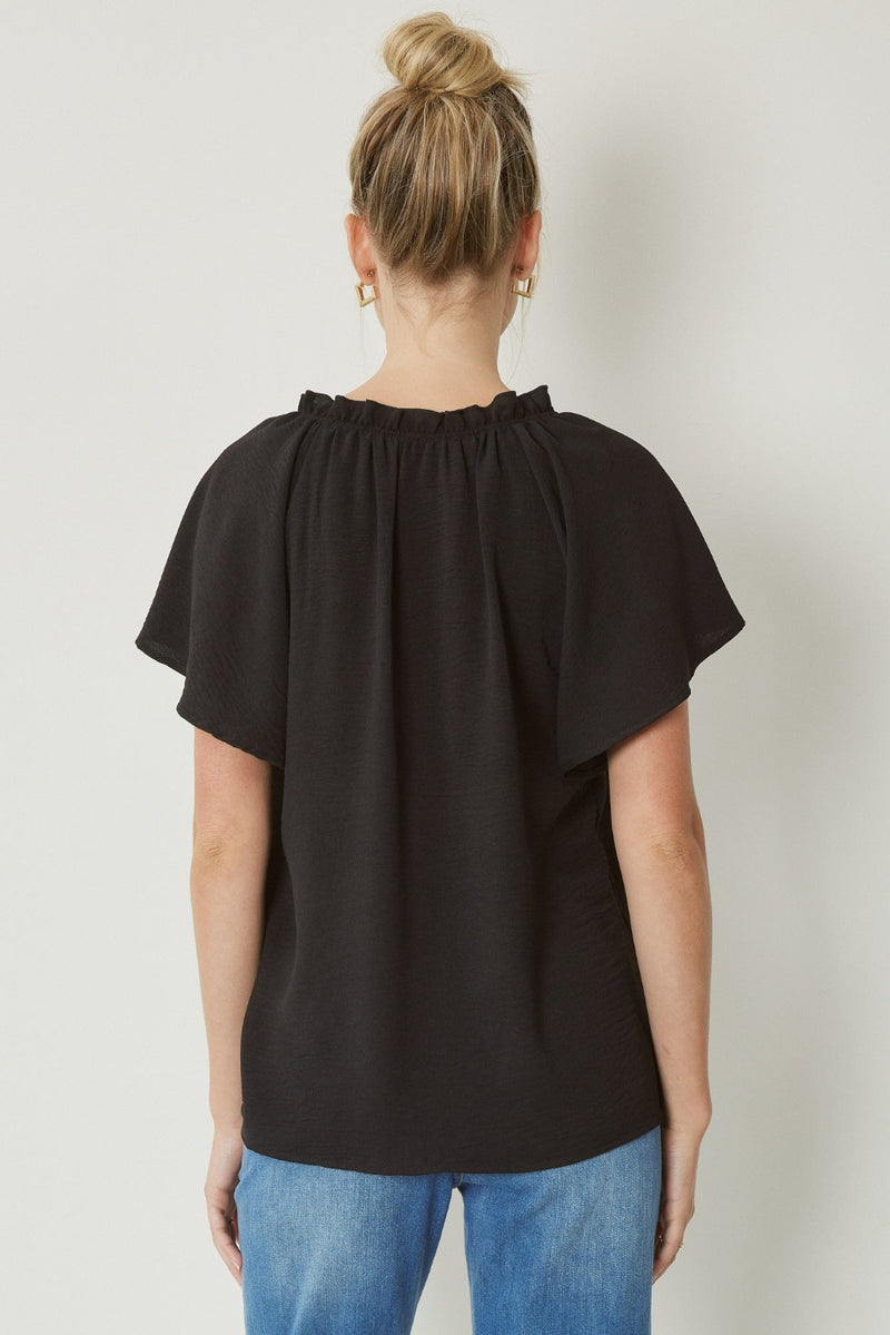 Black V-Neck Flutter Sleeve Blouse | Bella Lucca Boutique