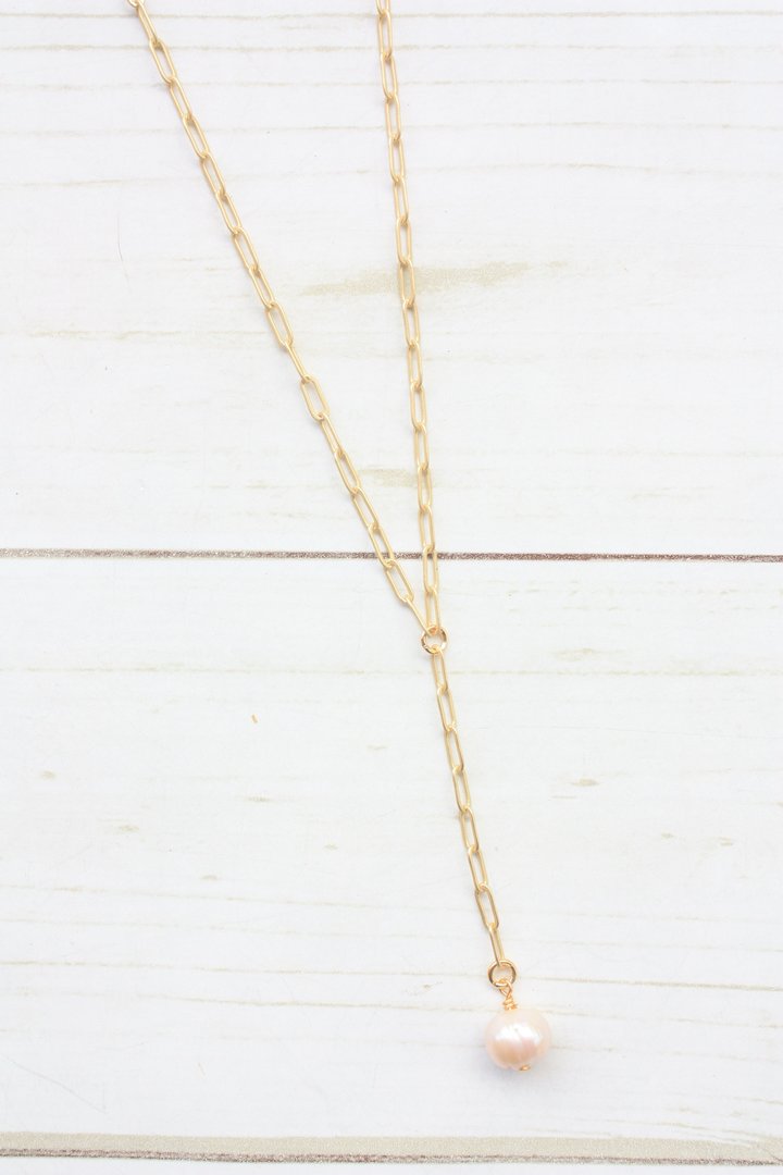 Y-DROP PAPERCLIP NECKLACE | MINI PEARL CHARM