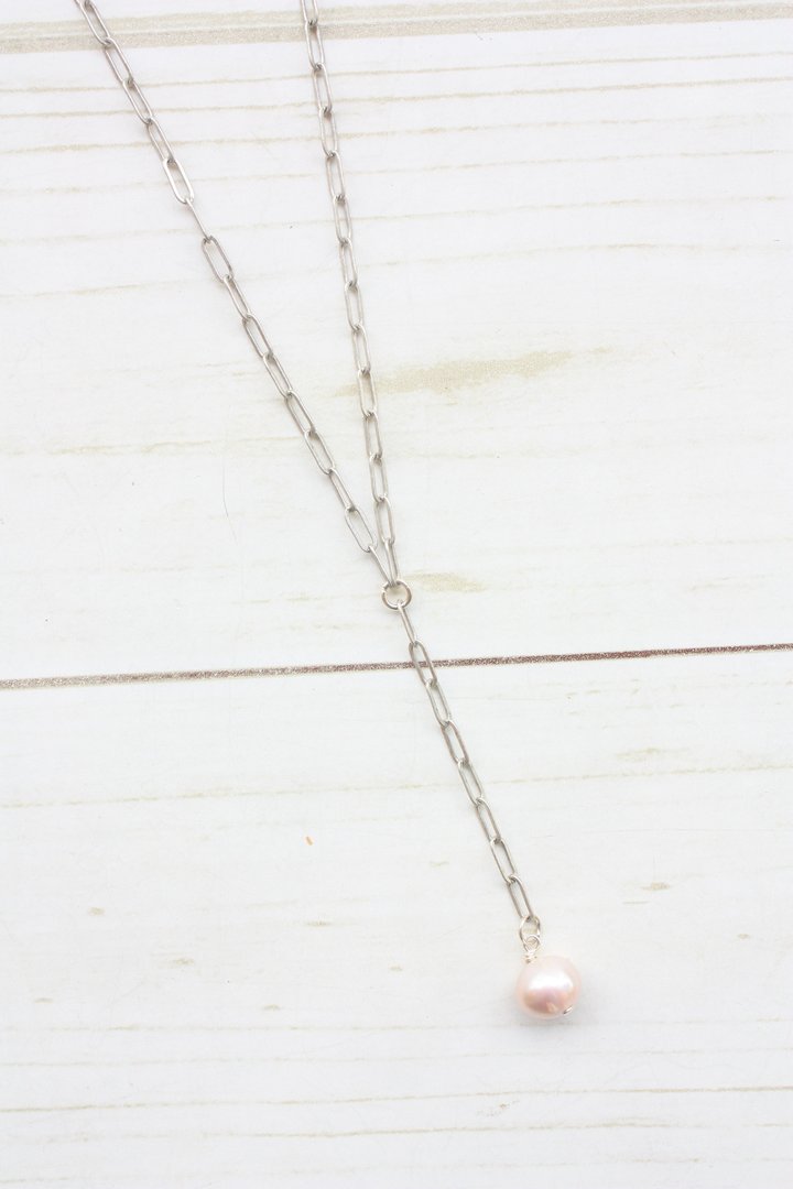 Y-DROP PAPERCLIP NECKLACE | MINI PEARL CHARM